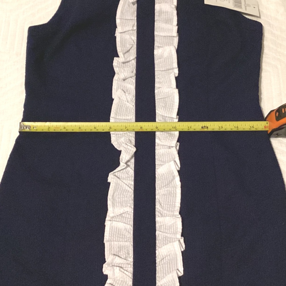 Lauren James Navy Blue Sleeveless Ruffle Front Sheath Dress S Made in USA‎ NWT - Picture 5 of 7